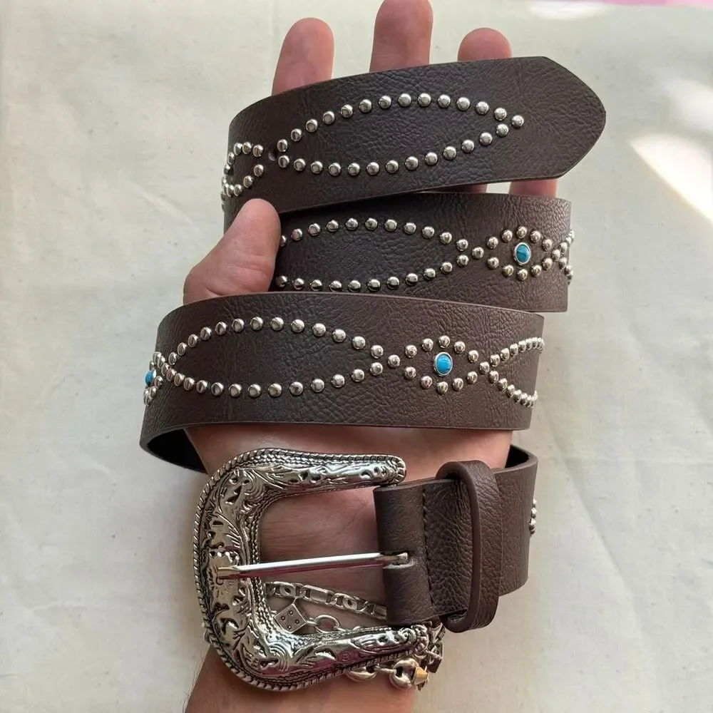 y2k style brown american western studded design belt